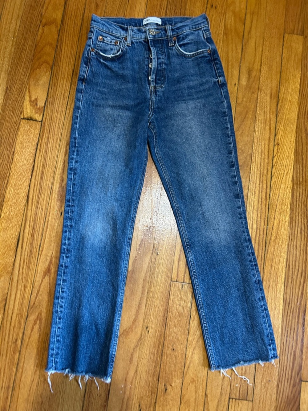 Zara Jeans Slim Straight Leg High Rise Raw Hem Blue Denim Women’s Size 4 - Picture 2 of 8